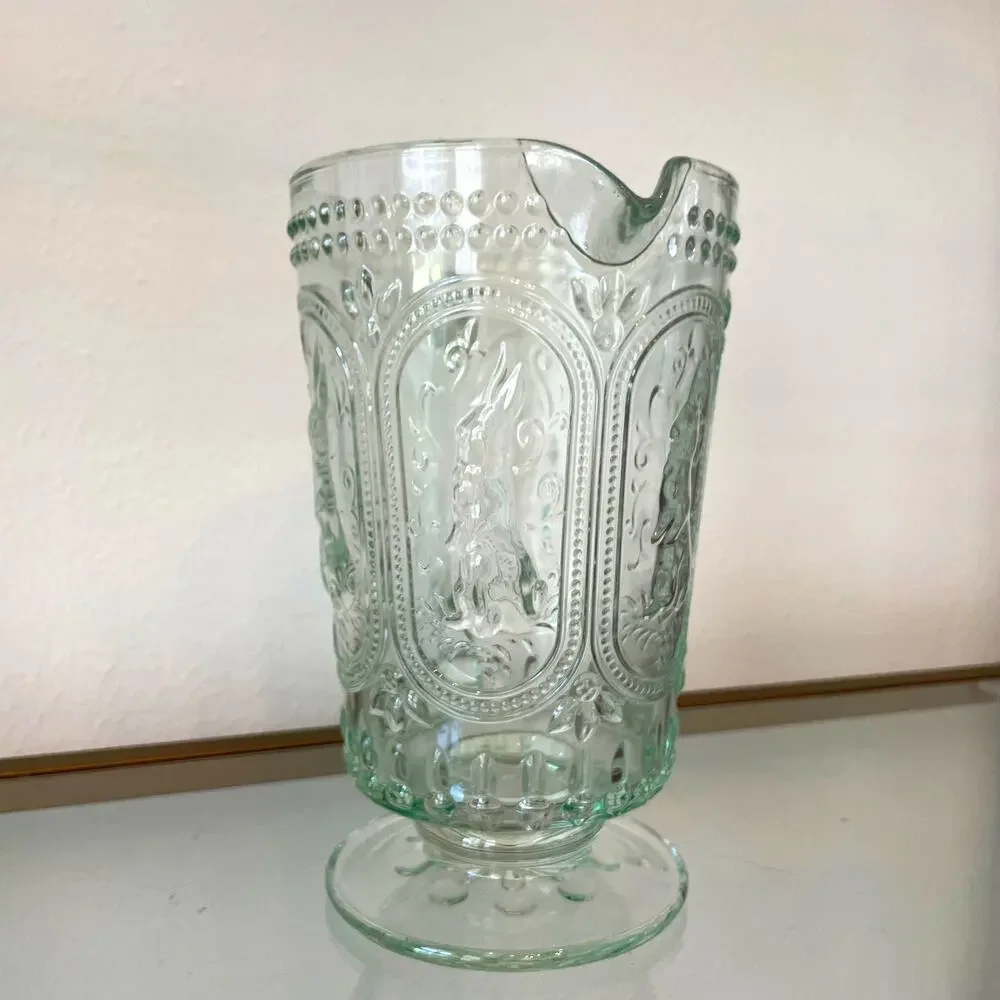 Easter Bunny Green Glass Pitcher Hobnail Vintage Style Embossed NEW